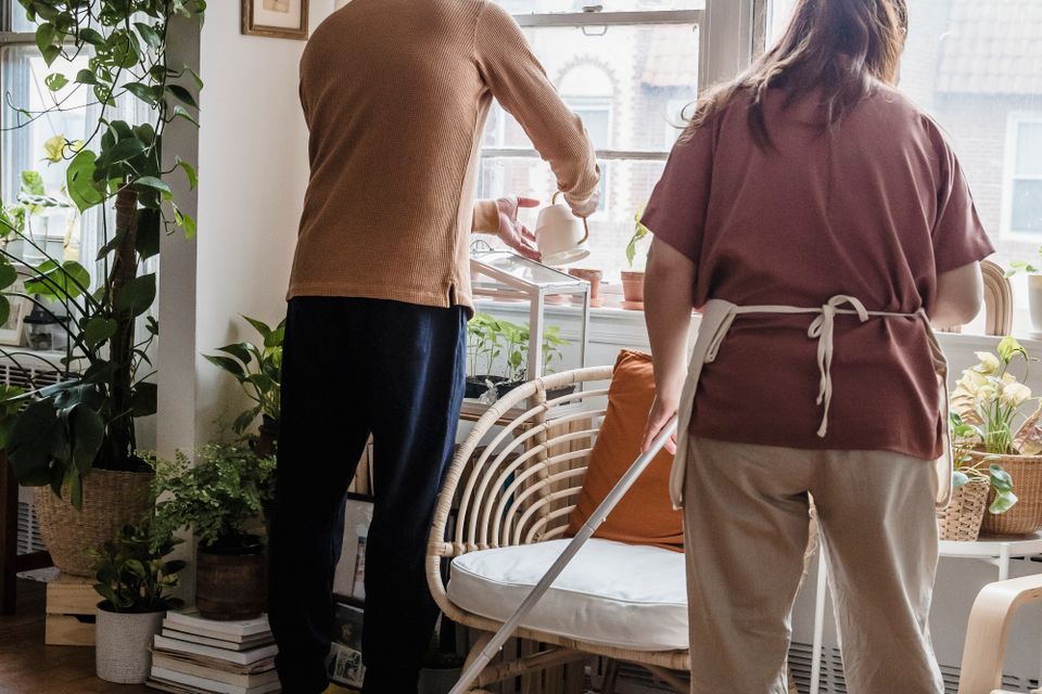 Hai người cùng chăm sóc một phòng khách nhiều cây xanh